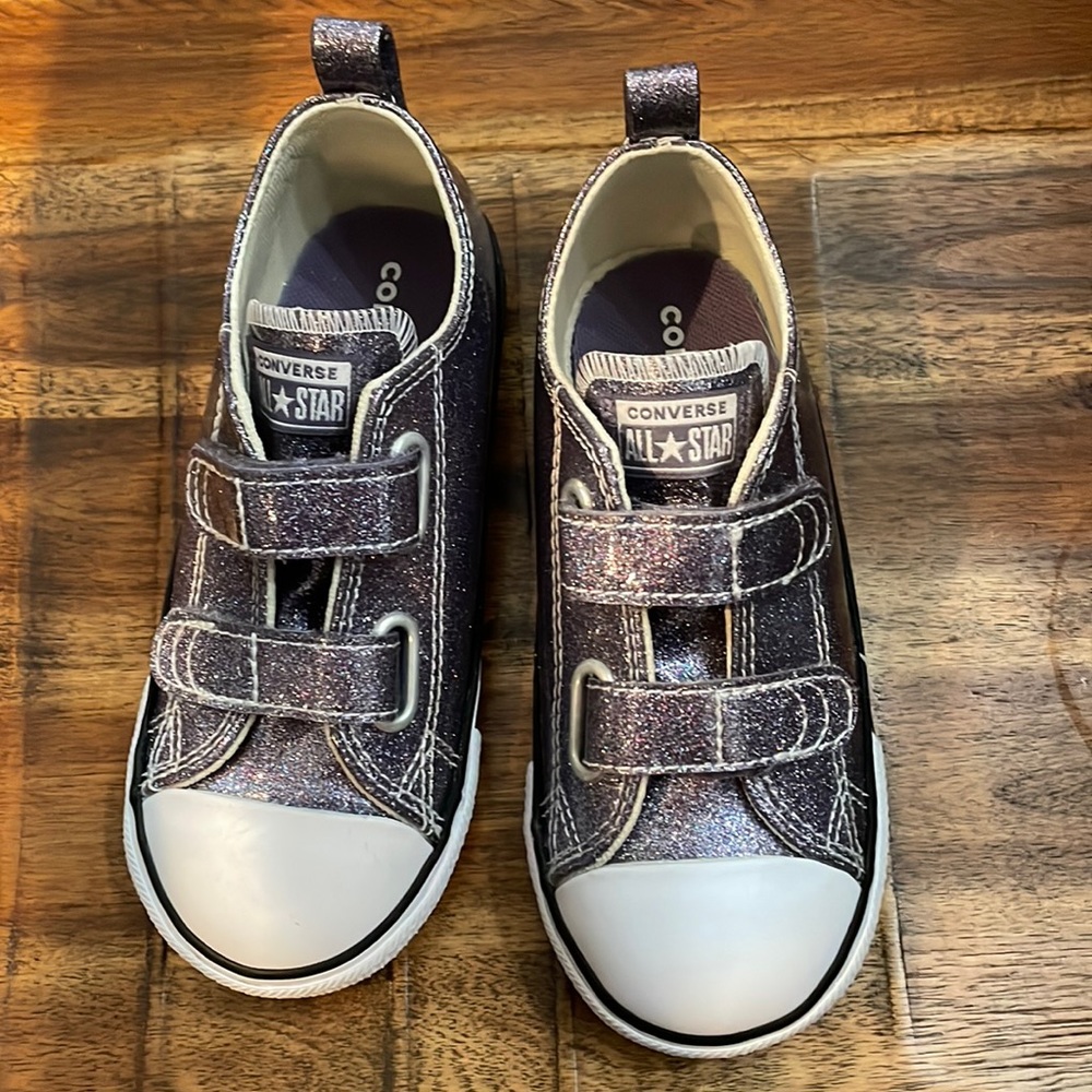 Converse All Star Purple glitter Velcro closure toddler shoes.